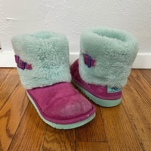 UGG Elle Kids Sheepskin Boots Pink/Blue Size 13 - Picture 1 of 7